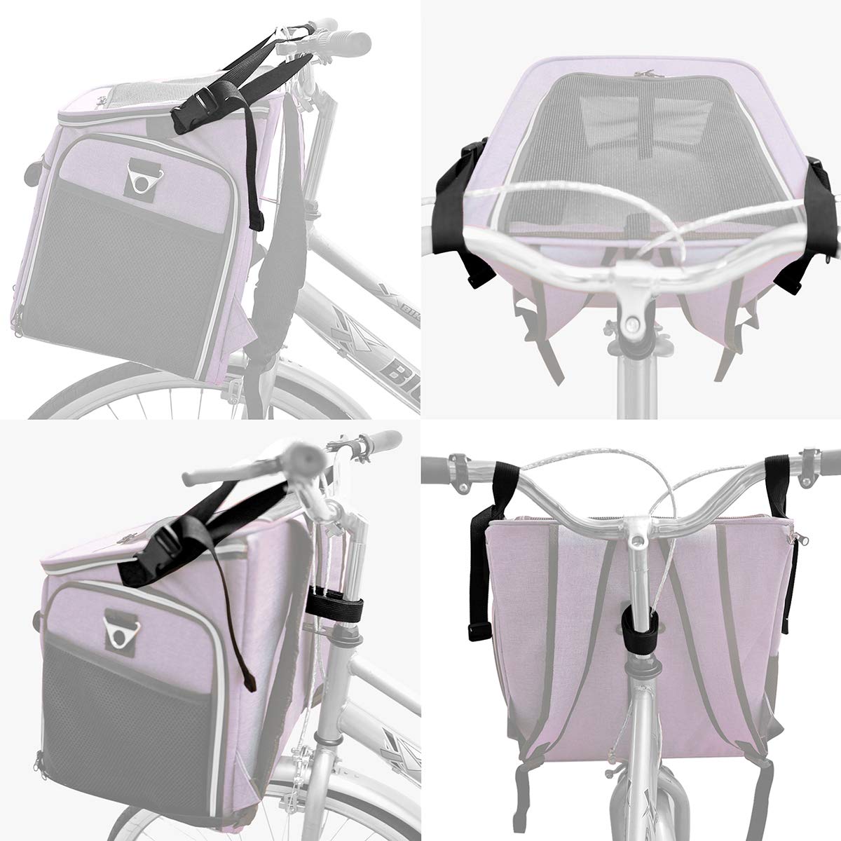 BARKBAY Dog Bike Basket Carrier, Expandable Foldable Soft-Sided Dog Carrier, 2 Open Doors, 5 Reflective Tapes, Pet Travel Bag, Safe and Easy for Small Medium Cats and Dogs (Purple)