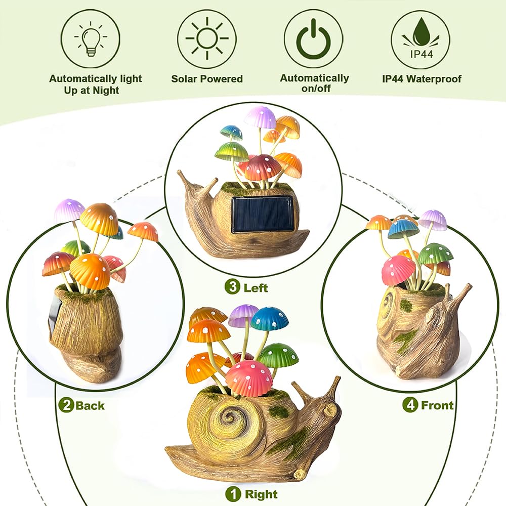 ZYLiWoo Solar Garden Snail Statue Gift, 1 Pack Solar Outside Snail Sculpture, Outdoor Patio Landscape Mushroom Decorative Art, Porch Deck Balcony Front Garden Decoration, Unique House Warming Gift