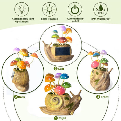 ZYLiWoo Solar Garden Snail Statue Gift, 1 Pack Solar Outside Snail Sculpture, Outdoor Patio Landscape Mushroom Decorative Art, Porch Deck Balcony Front Garden Decoration, Unique House Warming Gift