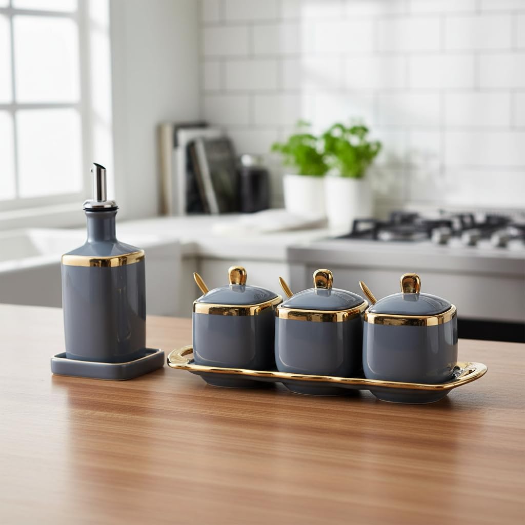 Fvstar Ceramic Sugar Bowls with Lid and Spoon,Gold Kitchen Spice Boxes Set,Salt and Peper Containers Set of 3,Coffee Sugar Bowls with Tray,Seasoning Storage Jars for Countertop and Bar,Gray