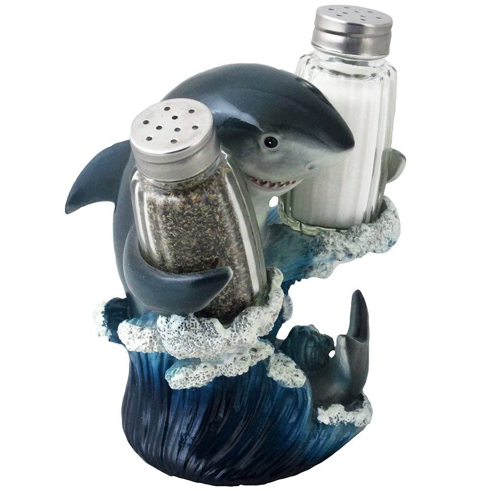 Decorative Great White Shark Glass Salt and Pepper Shaker Set with Holder Figurine for Beach Bar or Tropical Kitchen Decor Sculptures & Table Decorations by Home 'n Gifts