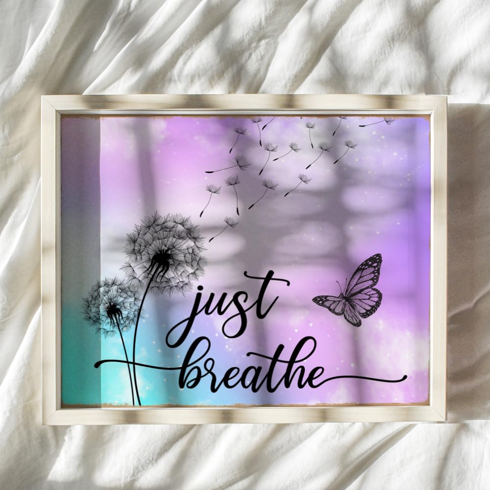 Dandelion Butterfly Just Breathe Wall Art 11x14 - Inspirational Positive Quotes Home Decor - Purple Wall Art for Women Office Bedroom - Zen Meditation Mindfulness Gift - Shabby Chic Boho Unframed