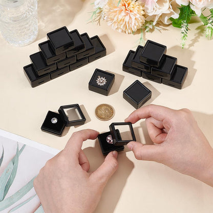 BENECREAT 70 Pack Black Gemstone Display Box, 1.16x1.16x0.63Inch Plastic Square Jewelry Storage Box with Clear Top Lids