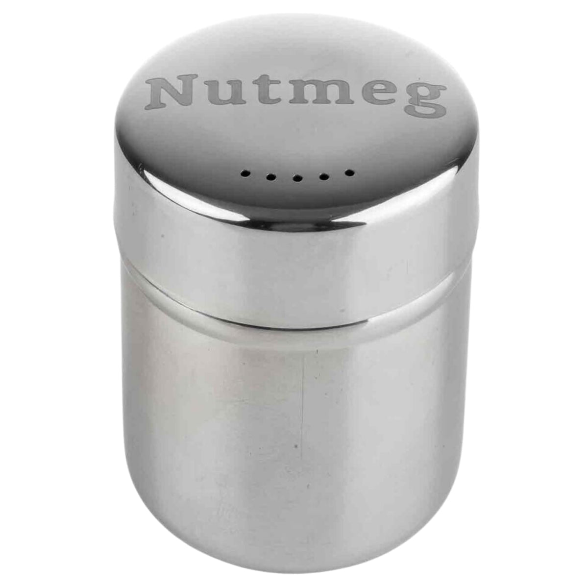 TableCraft 11052 Dredge Shaker, Stainless Steel 6 oz Coffee and Baking Spice Jar with Storage Cap, Mirror Finish, Nutmeg Engraved Lid Label, Ideal for Kitchen and Beverage Bar Use