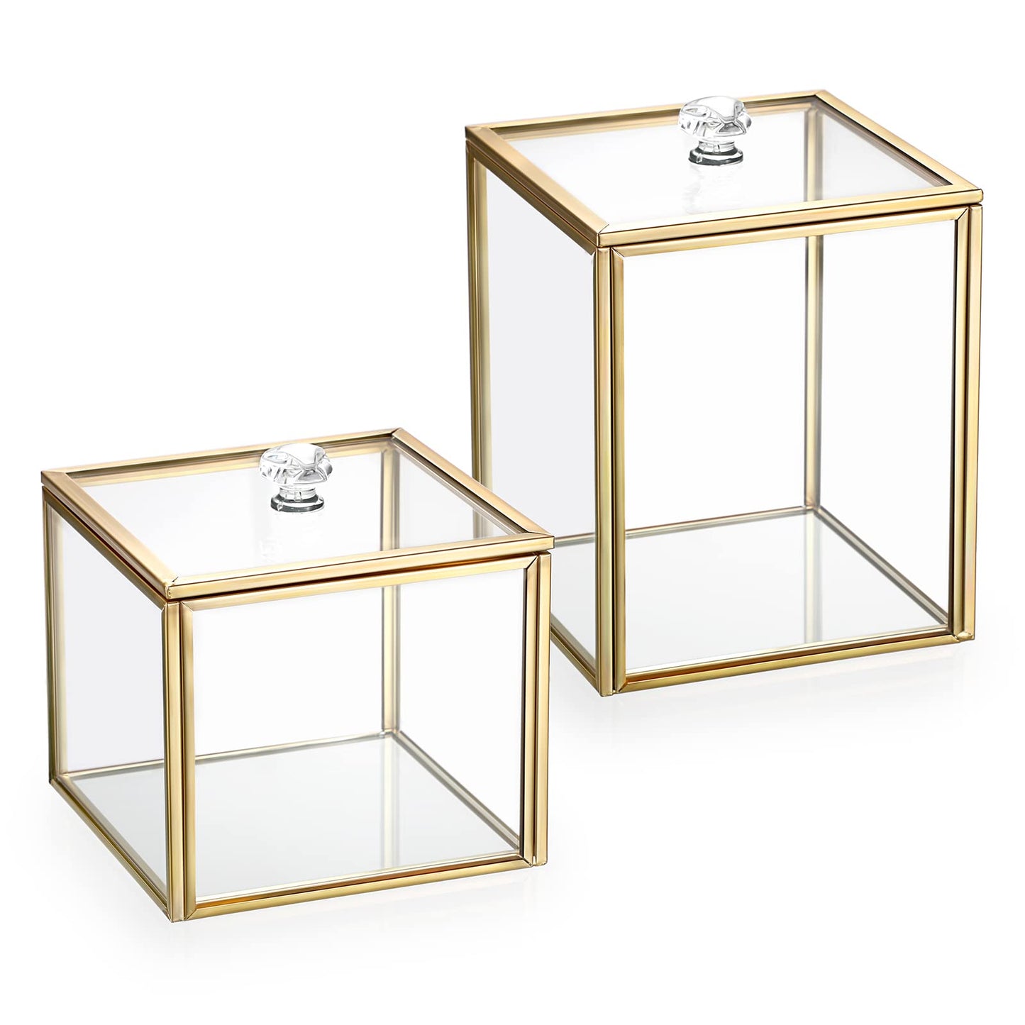 Hipiwe 2 Pack Glass Qtip Holder Dispenser With Lid Gold Bathroom Containers for Cotton Balls Makeup Sponges Bath Salts Candles Vanity Canisters Countertop Storage Organizer Jar