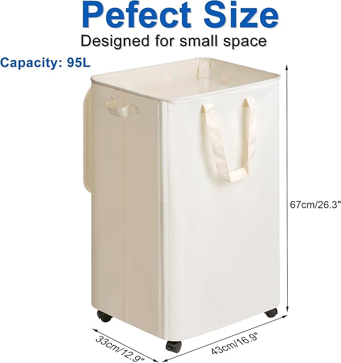 Slim Laundry Hamper with Lid and Wheels, Small Rolling Laundry Basket with