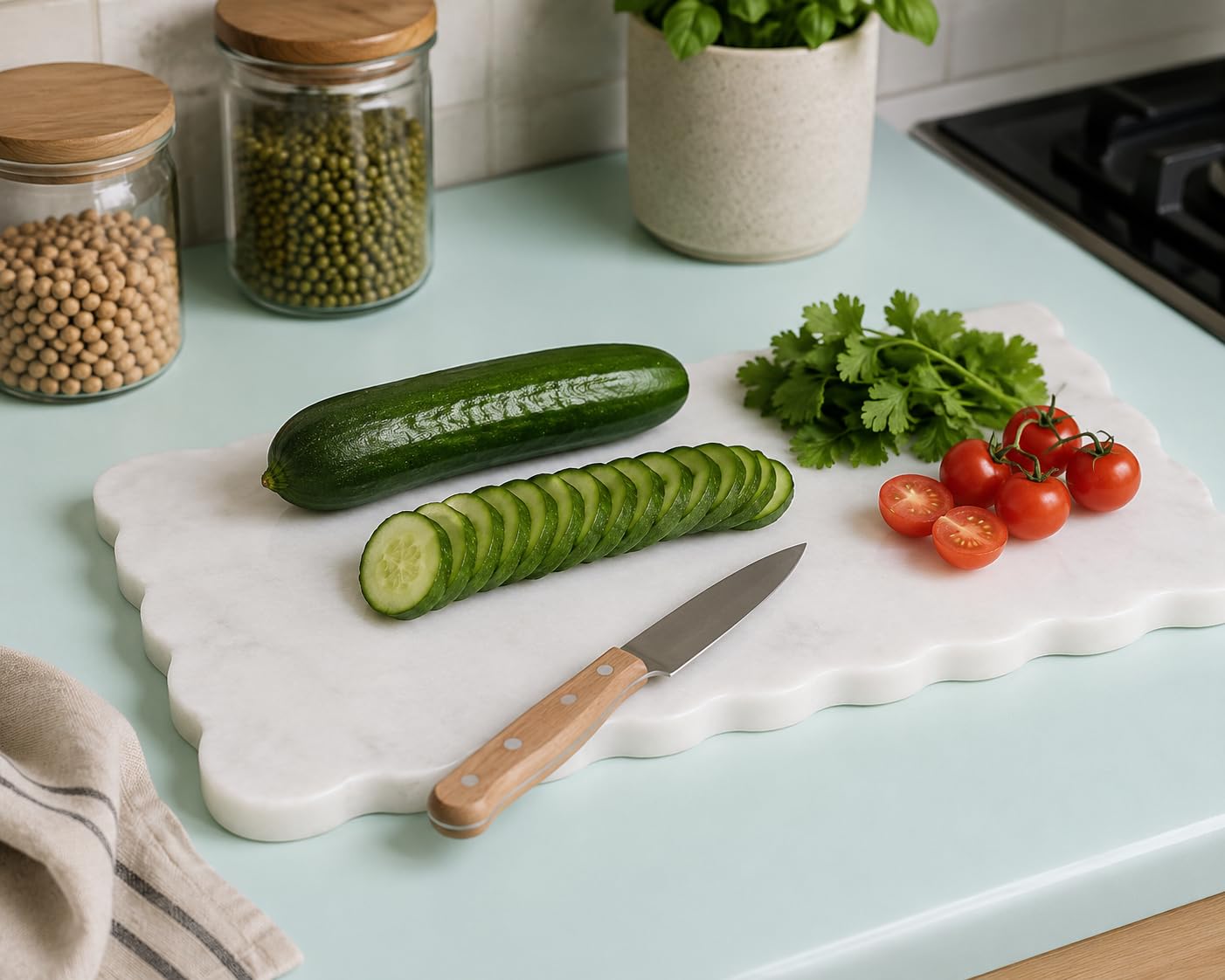 Natural Multi-Purpose Marble Charcuterie & Cutting Board with Scalloped Edge Chopping Board Decorative Vanity Bathroom Kitchen Tray Non-Slip Bumper Scratch Proof Home Decor Perfume Display 12"x6"