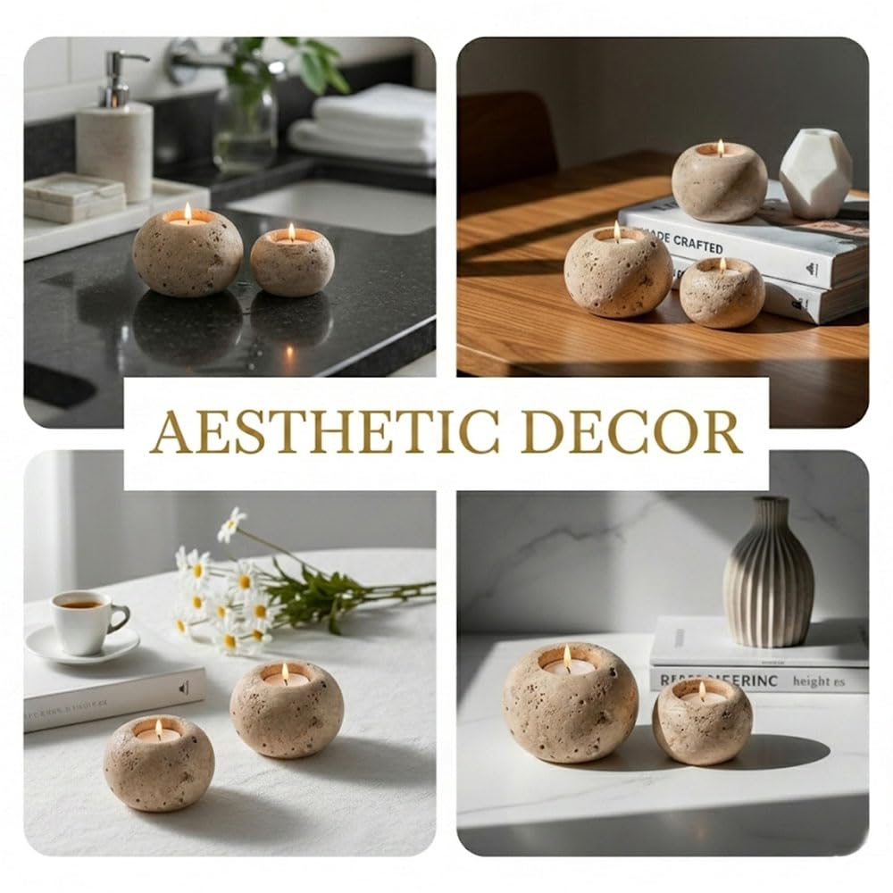 Radicaln Marble Tealight Candle Holder 4" Inch Travertine Handmade Decorative Votive Candle Holder for Home Decor, Elegant Set of 3 Mini Candle Holders & Marble Taper Holder for Housewarming