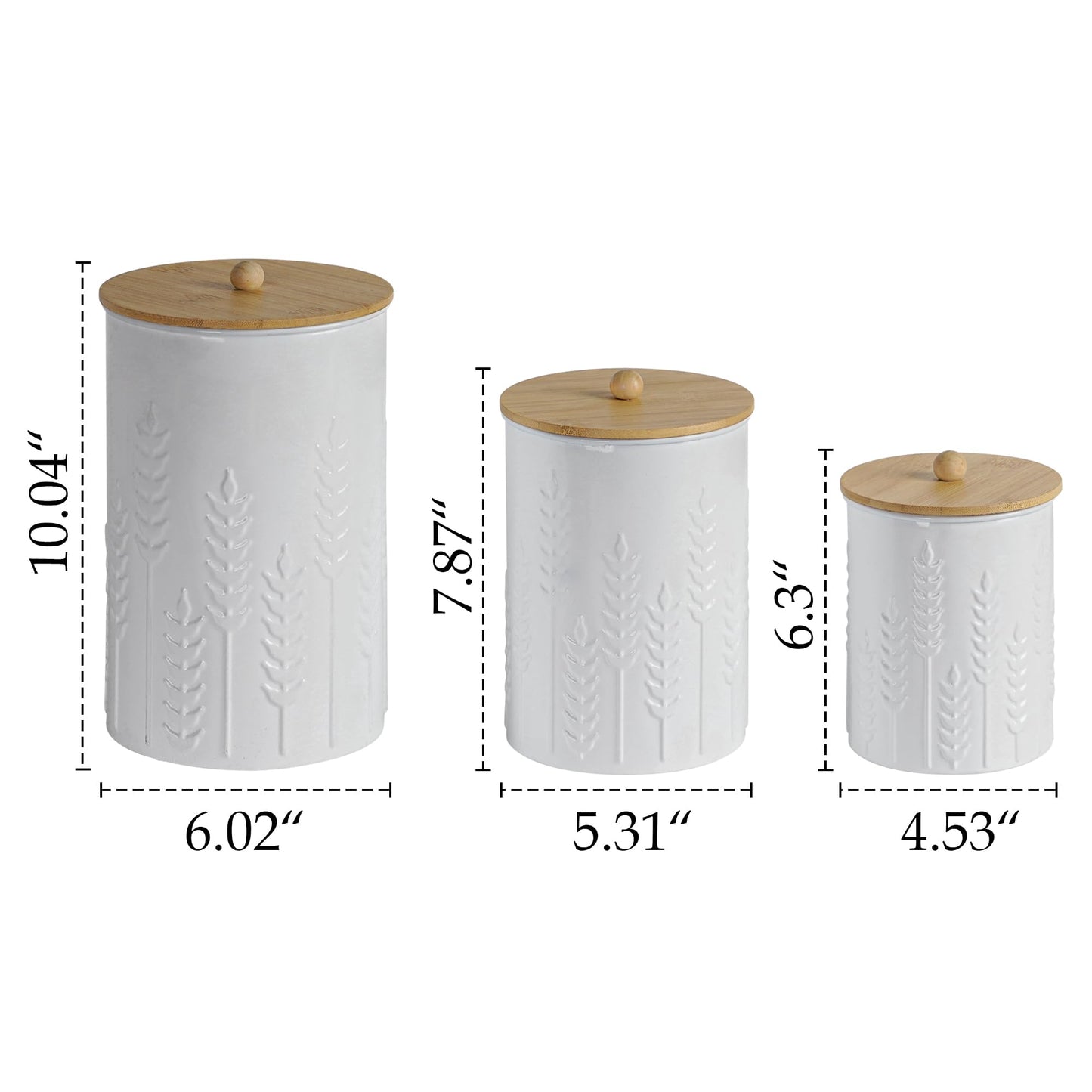 HOME PALETTE Kitchen Canister Set of 3 Tea Coffee Sugar Containers with Airtight Bamboo Lids Food Flour Storage for Countertop Metal White Ear of Wheat Pattern Embossed Farmhouse Decor
