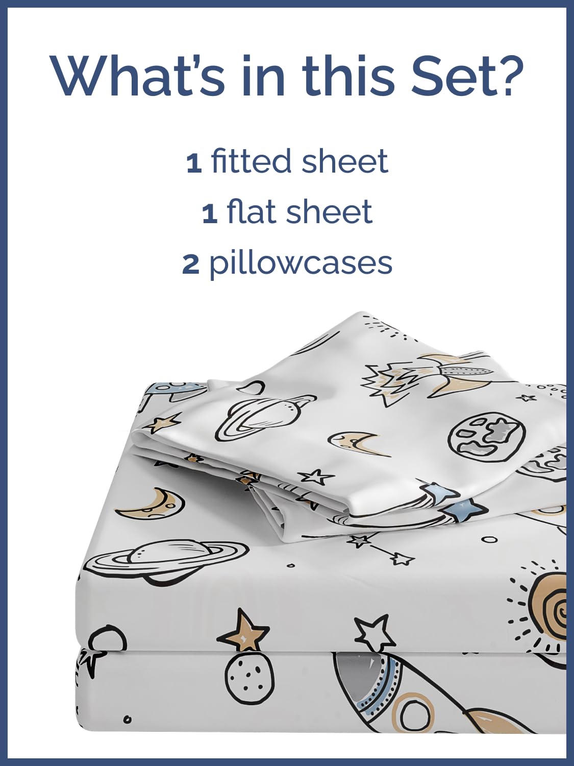 Kids Queen Size Bed Sheet Set - 4 Piece Kids Loft Bed Sheets - Space Galaxy Theme bedding - Soft, Cute - Breathable and Machine Washable - Spaceship Rocket Bed Set for Boys, Girls, Teens and Toddlers