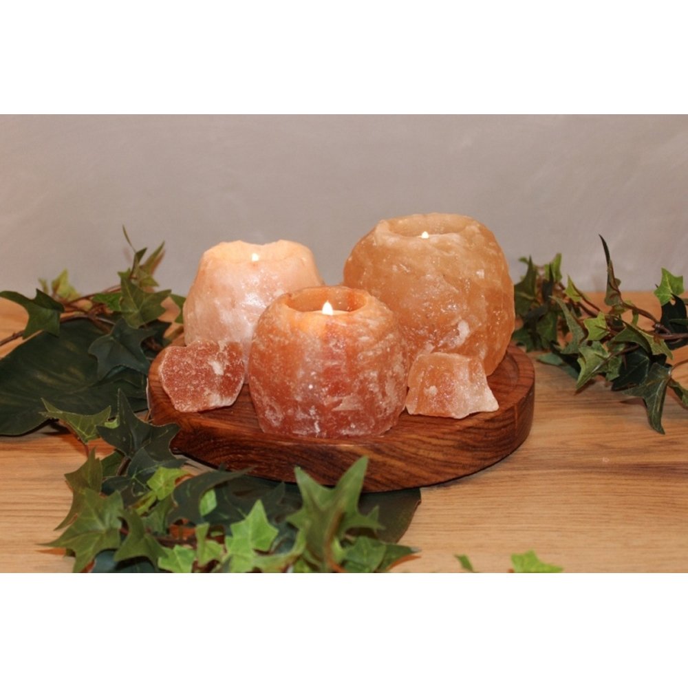 Himalaya Salt Dreams Tea Light Holder Set 2 x 400 g 1 x 700 g with Wooden Plate Crystal Salt from Punjab/Pakistan Orange Diameter Approx. 21.5 cm