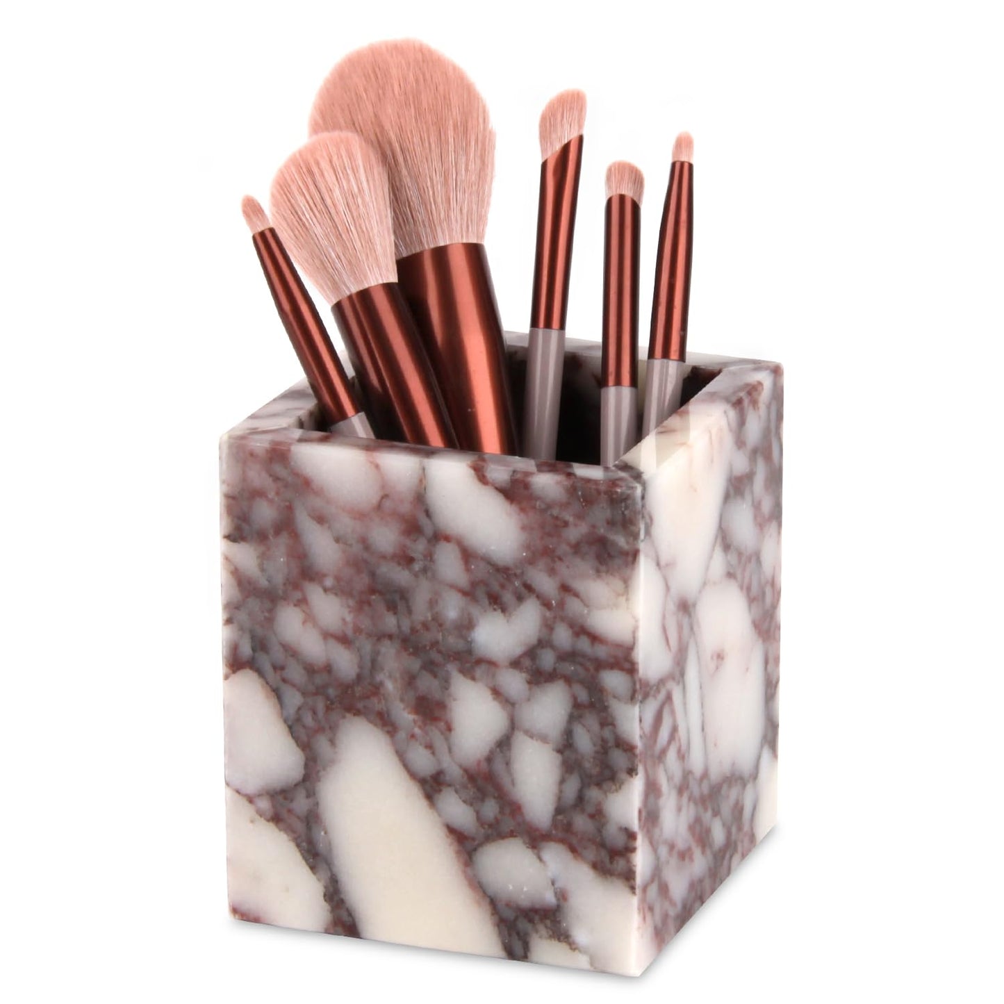 Natural Marble Toothbrush Holder for Bathroom Countertop (8.5x8.5x10cm) - Multifunctional Organizer for Makeup Brushes, Vanity Accessories & Utensils Sink (1, Calacatta Viola)