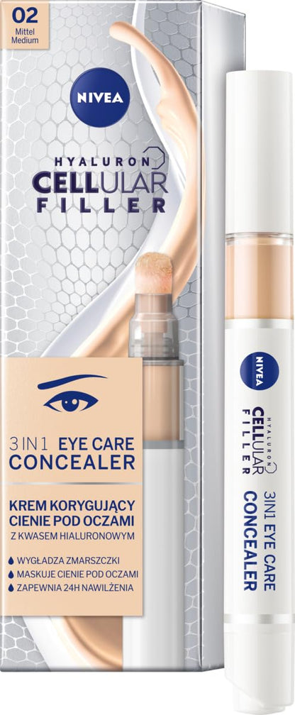 NIVEA Hyaluron Cellular Filler 3-in-1 Eye Care Concealer Agent (4 ml), Anti-Age Concealer with Hyaluron, Pen for Dark Circles, Redness and Pimples