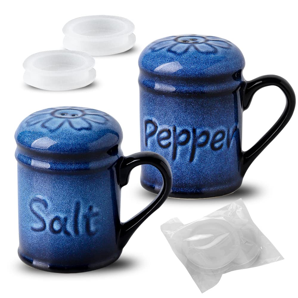 Nihow Ceramic Cute Salt and Pepper Shakers Set: 2.6 Inch Salt and Pepper Set/Sugar Salt Shaker with Handle for Counter -Resist Rusting Seasoning Shaker -Elegant Black & Blue (Set of 2)