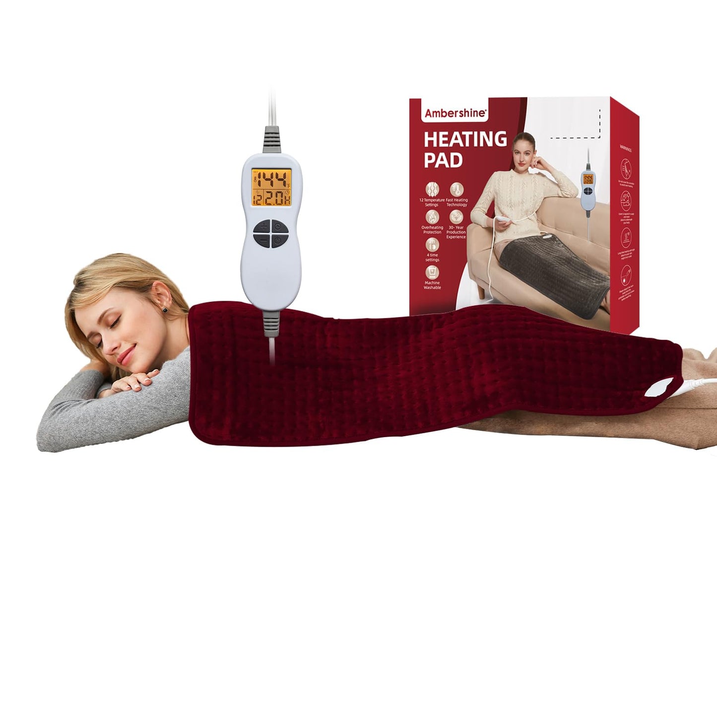 Ambershine 17''x33'' XXXL King Size Heating Pad with 12 Temperature Settings & 4 Auto-Off Countdown Timers, Pain Relief for Back/Neck/Shoulders/Abdomen/Legs, Christmas Gifts for mom dad (Dark Gray)