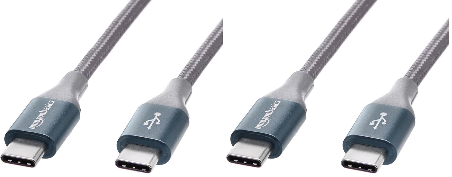 Amazon Basics USB-C to USB-C 2.0 Fast Charger Cable, Nylon Braided Cord, 480Mbps Speed, USB-IF Certified, for Apple iPhone 16/15, iPad, Samsung Galaxy, Tablets, Laptops, 10 Foot, Silver