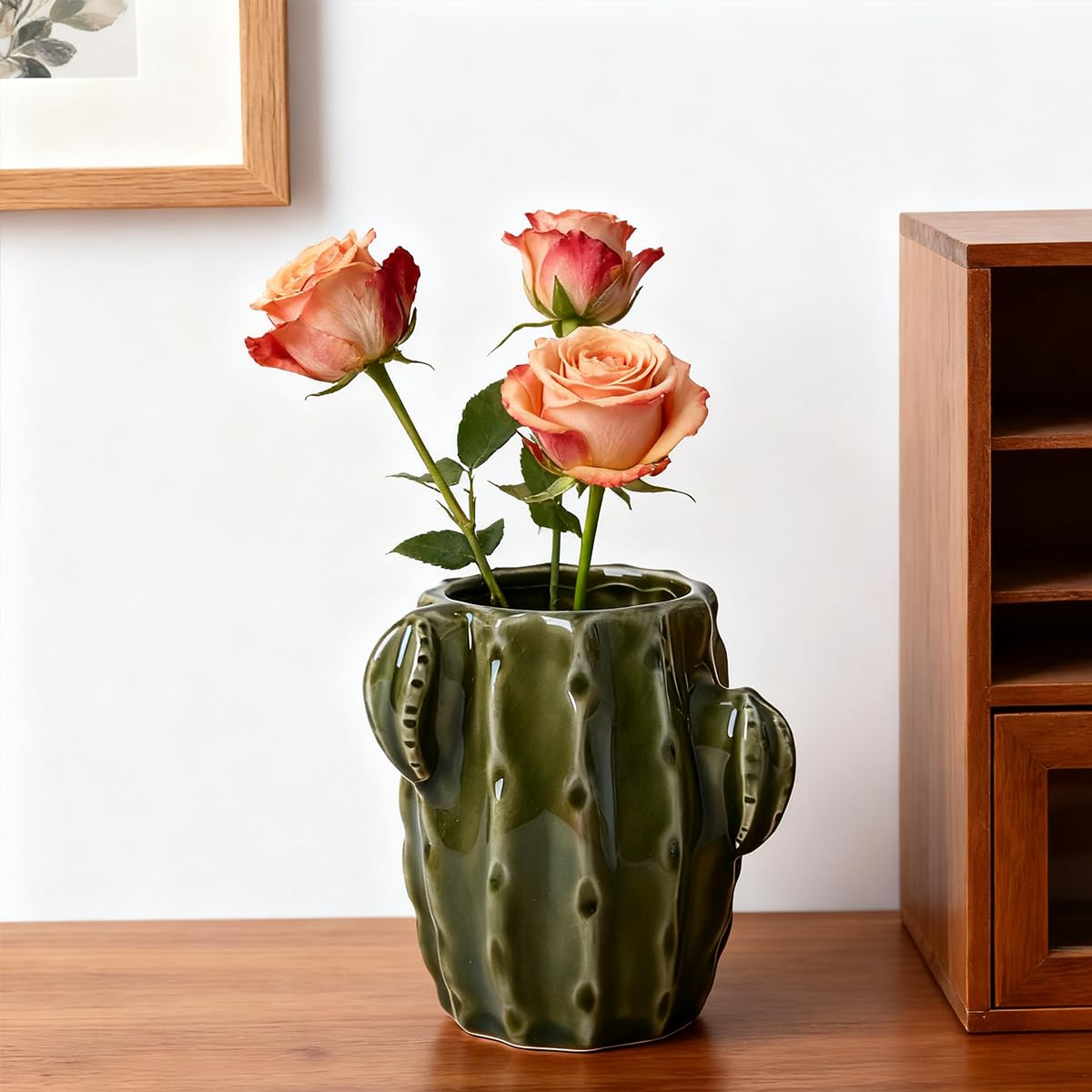 Cactus Toothbrush Holder for Bathrooms，Ceramic Toothpaste Holder Cute Toothbrush Holder Set,for Bathroom Counter and Desk Office Fun Decor Desk Organizer, Makeup Brush Holder - Dark Green