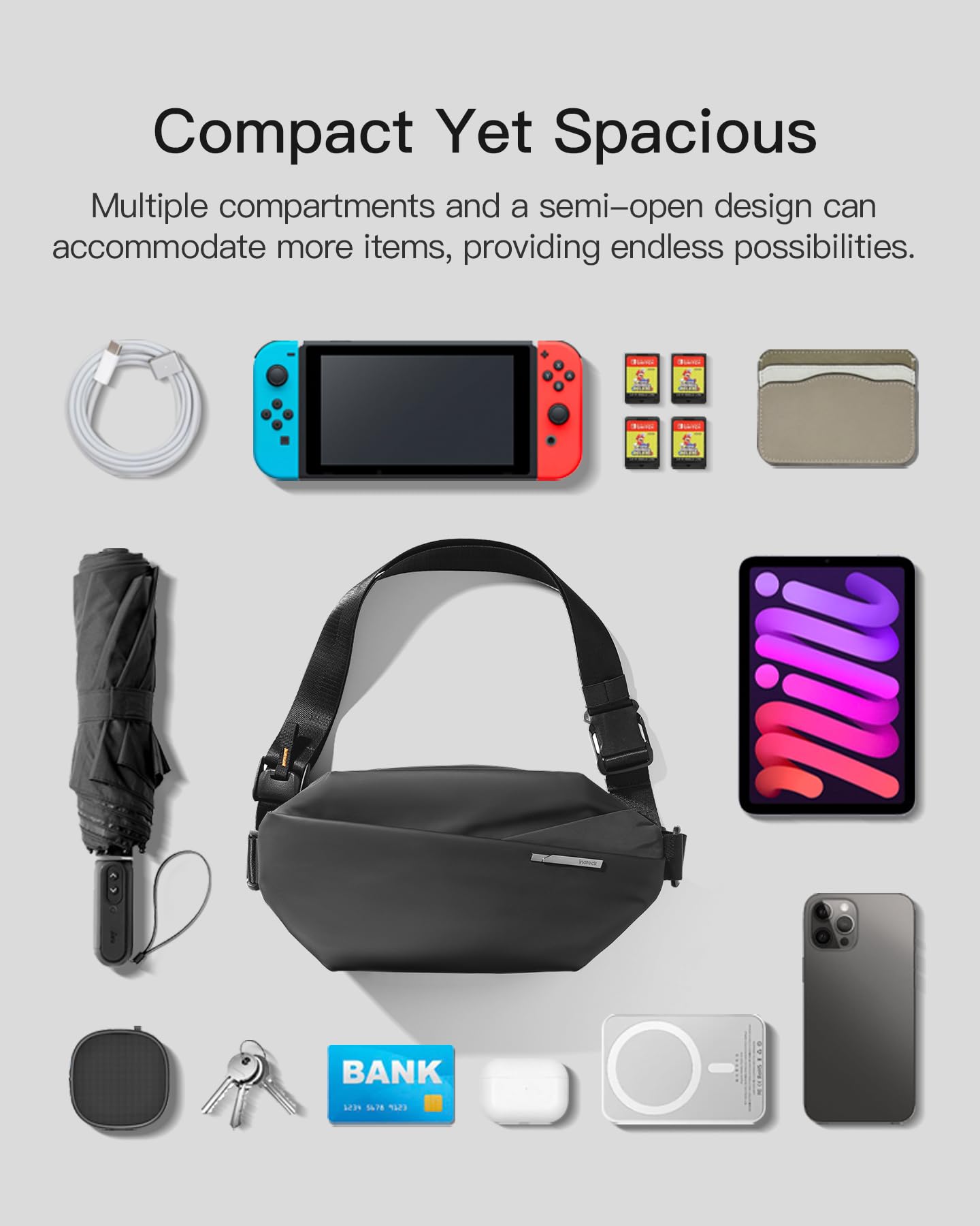 Inateck Sling Bag X, 4L Stylish Crossbody Shoulder Chest Belt Bum Bag with Adjustable Shoulder Strap, Water-Resistant Waist Fanny Pack for Men, Women, Travel, Daily Use, Cycling, Hiking, Black