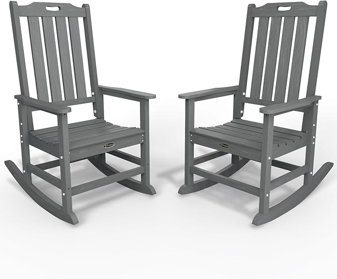 Oversized Rocking Chair Set of 2, Outdoor Rocking Chair for Adults, All Weather Resistant Porch Rocker for Lawn Garden, Grey