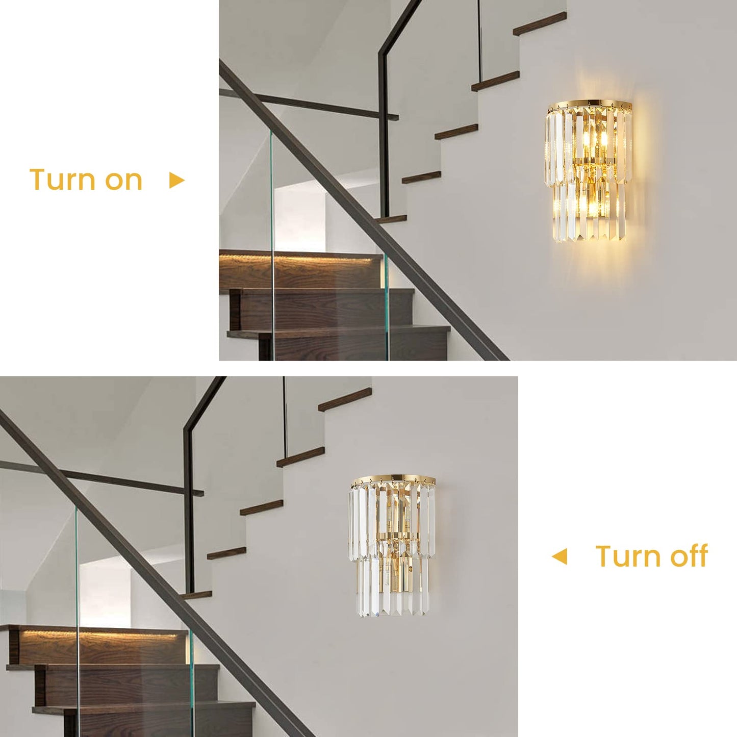 Siljoy 2-Lights Modern Crystal Wall Light, 2-Tiers Crystal Bedside Wall Mount Lighting Fixture, Mirror Gold Stainless Steel K9 Crystal Wall Sconce for Bedroom Living Room Hallway H10'' x L8''