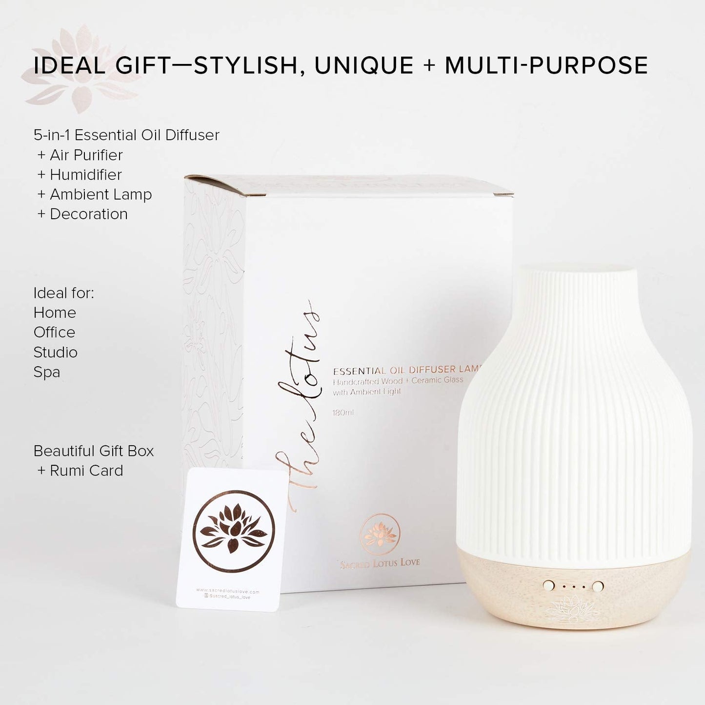 Sacred Lotus Love Ceramic Essential Oil Diffuser – Ultrasonic Aroma Diffuser with Wood Base, Ambient LED Light and Timer Settings