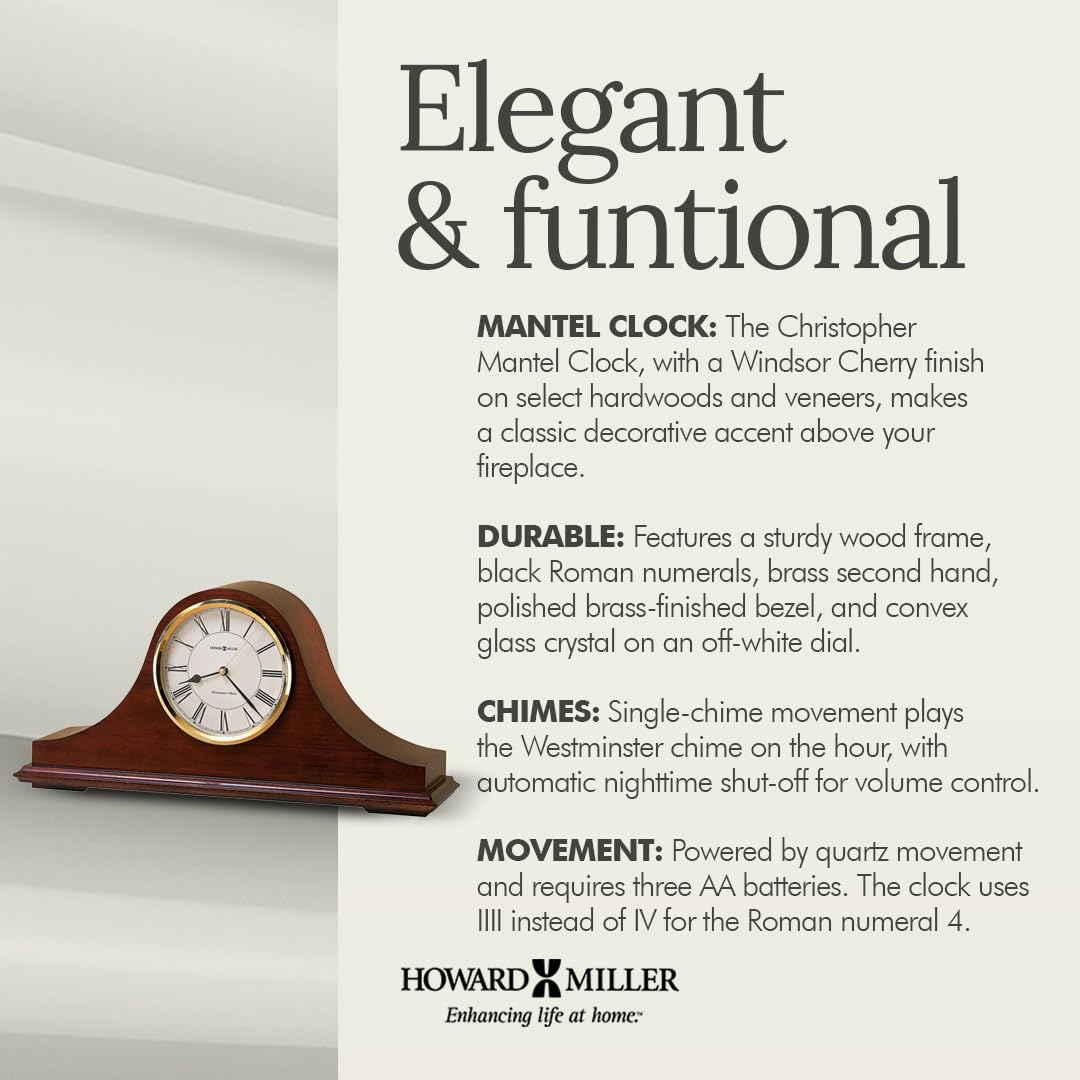 Howard Miller Christopher Mantel Clock – Hardwood Table Clock, Quartz Movement, Westminster Chime, Brass Bezel, Roman Numerals, Battery Powered