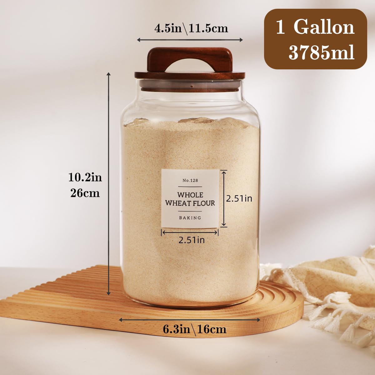CZDYSM 2 Pack Large Glass Flour and Sugar Containers with 132 Pantry Labels - 1 Gallon Glass Canisters with Bamboo Airtight Lids - Farmhouse Glass Cookie Jars for Rice, Pasta, Cereal, Bath Salt