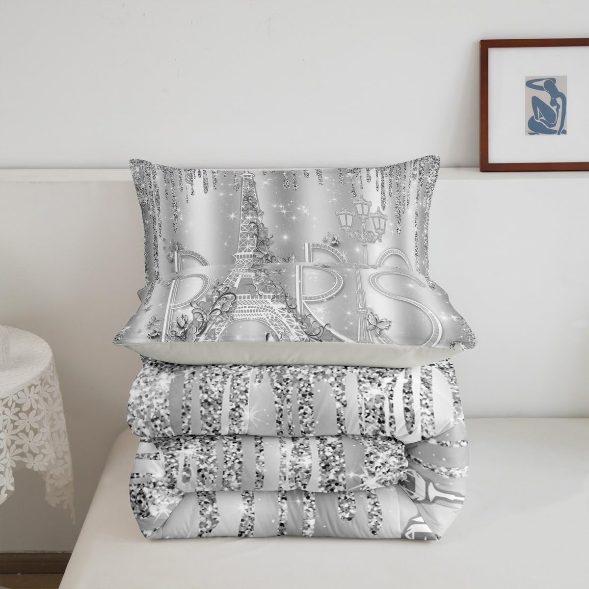 Paris Comforter Set Queen Size Sliver Glitter Diamond Bedding Set 3pcs for Kids Girls Boys Women Room Decor,Romantic Eiffel Tower Quilted Duvet Luxury Pearls and Jewels Duvet Insert,2 Pillowcases