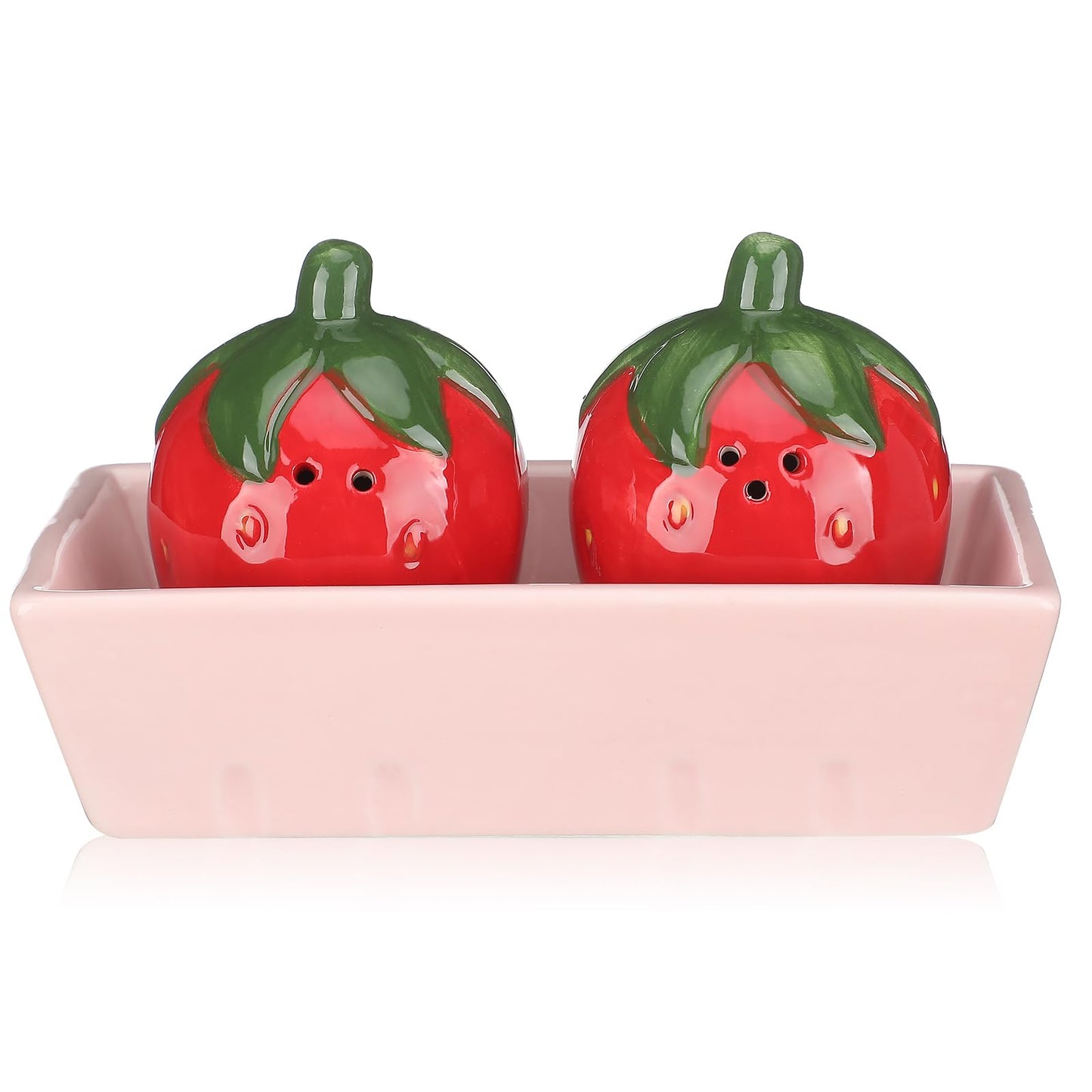 3 Pcs Strawberry Salt and Pepper Shakers Set, Cute Salt and Pepper Shakers with Pink Tray Funny Ceramic Spice Dispenser Storage Canisters for Housewarming Kitchen Table Supplies