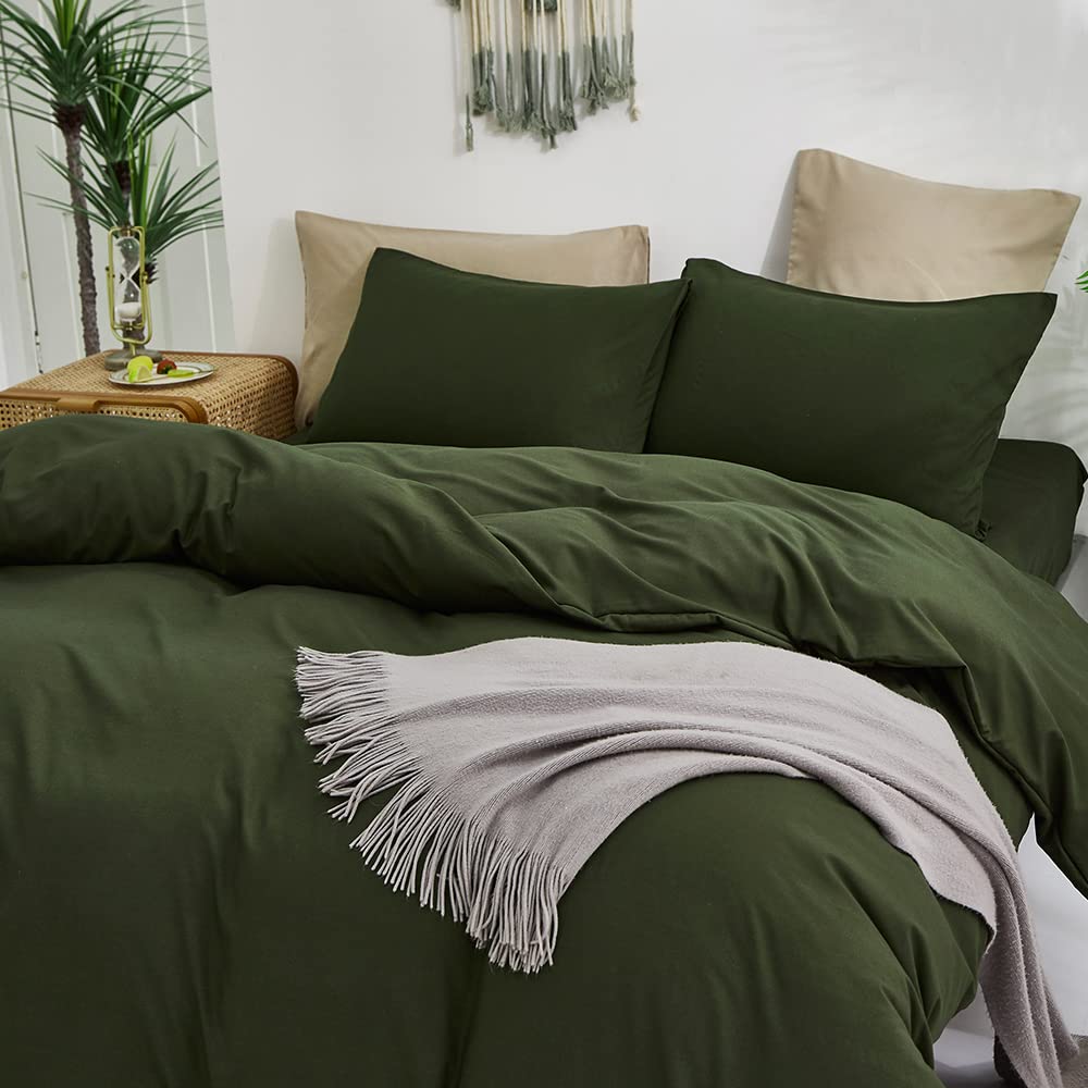 CLOTHKNOW Army Green Duvet Cover Set Queen Olive Bedding Sets Full Soft Dark Green Bedding Queen Hunter Green Bedding Duvet Cover Sets