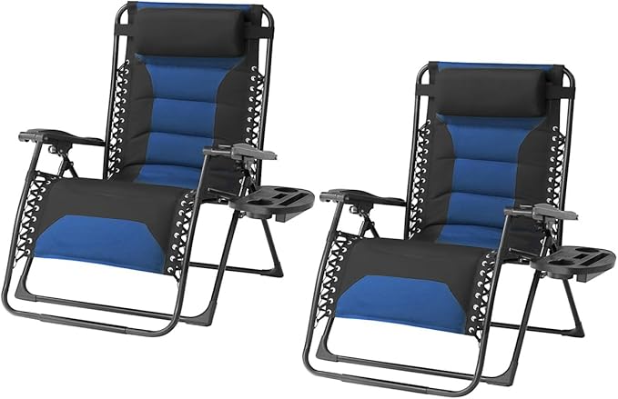 Zero Gravity Chair Set of 2 Oversized Folding Recliner, Padded Anti Gravity Lounge Chair with Adjustable Pillow & Cup Holder for Outdoor Camping, Patio, Poolside, Lawn (Black & Blue)
