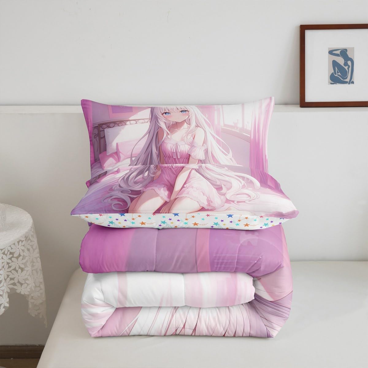 Erosebridal Full Size Japanese Anime Comforter Set for Kids, Anime Girl Bedding Set Kawaii Japanese Style Quilt Cartoon Japan Animation Duvet Insert for Boys Teens Adult Women Bedroom, Pink