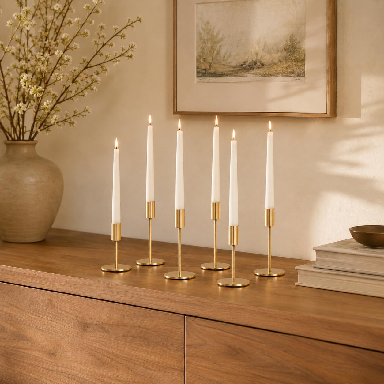 zeochyni French Gold Candlestick Holders Set of 6, Metal Taper Candle Holders in 3 Heights with Weighted Base for Dining Table Centerpiece, Wedding, Mantel Decor and Housewarming Gift