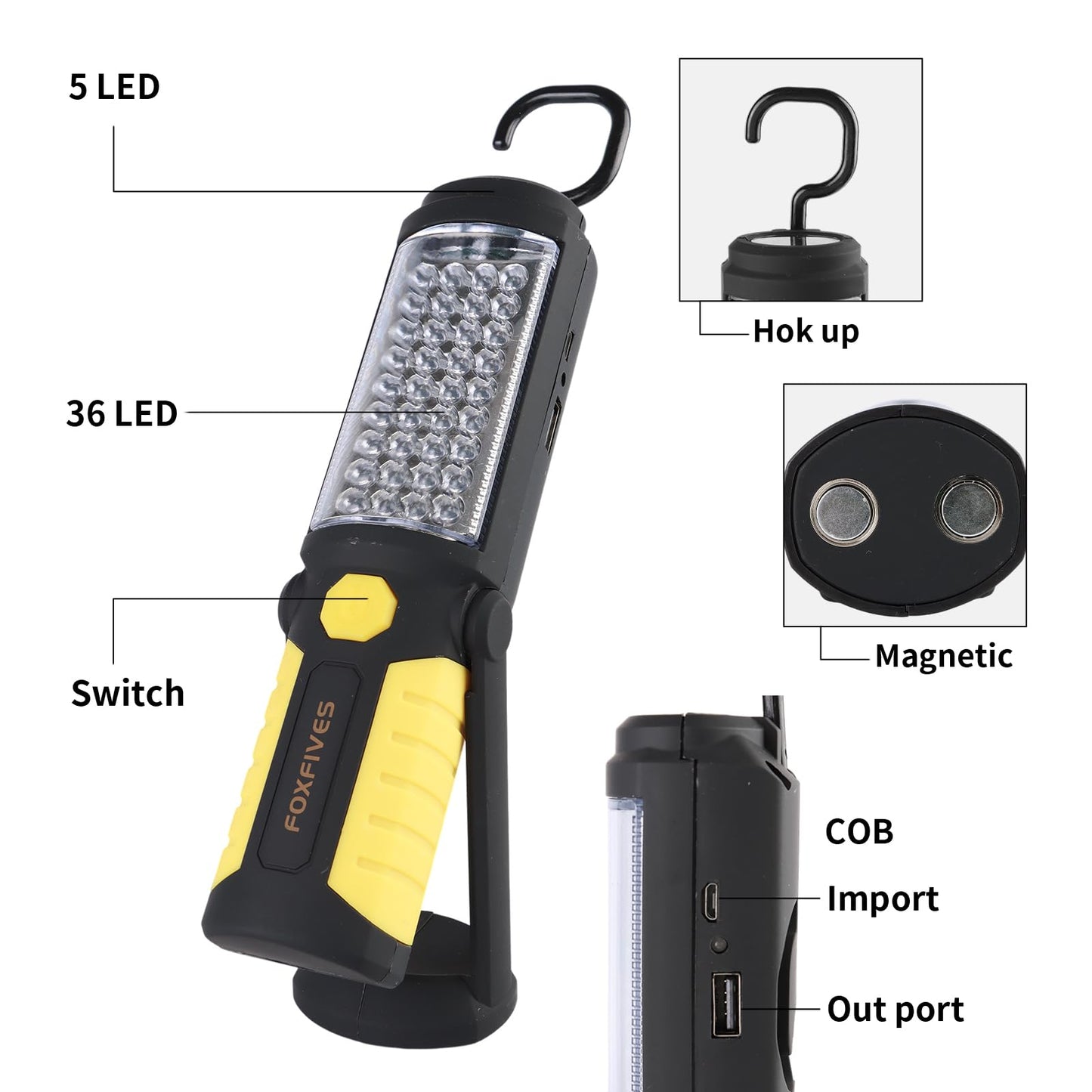 Powerful 36+5 LED 3000 Lumens Portable Flashlight Torch Rechargeable Inspection Lamp Camping Light Hands-Free Garage Workshop Flashlight for Work with Adjusting Stand, Hanging Hook and Magnet Base
