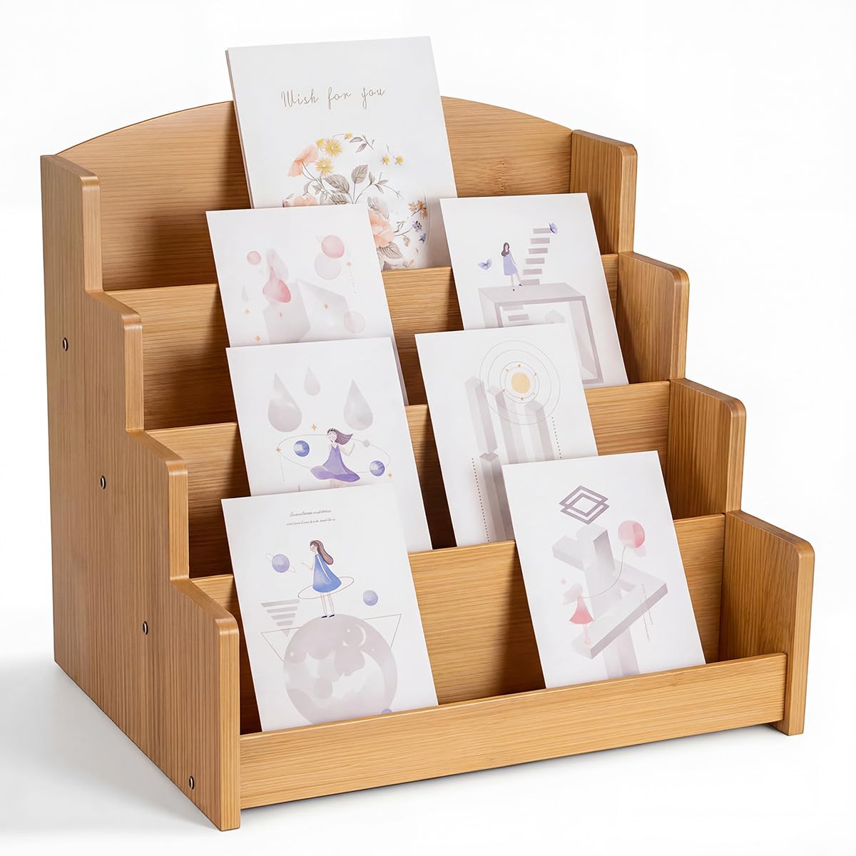 Homevany Bamboo Greeting Card Display Stand Holder - 4-Tier Sticker Organizer Rack, Trading Card Holder Retail Photos Shelf for Vendors Craft Collection & Show.