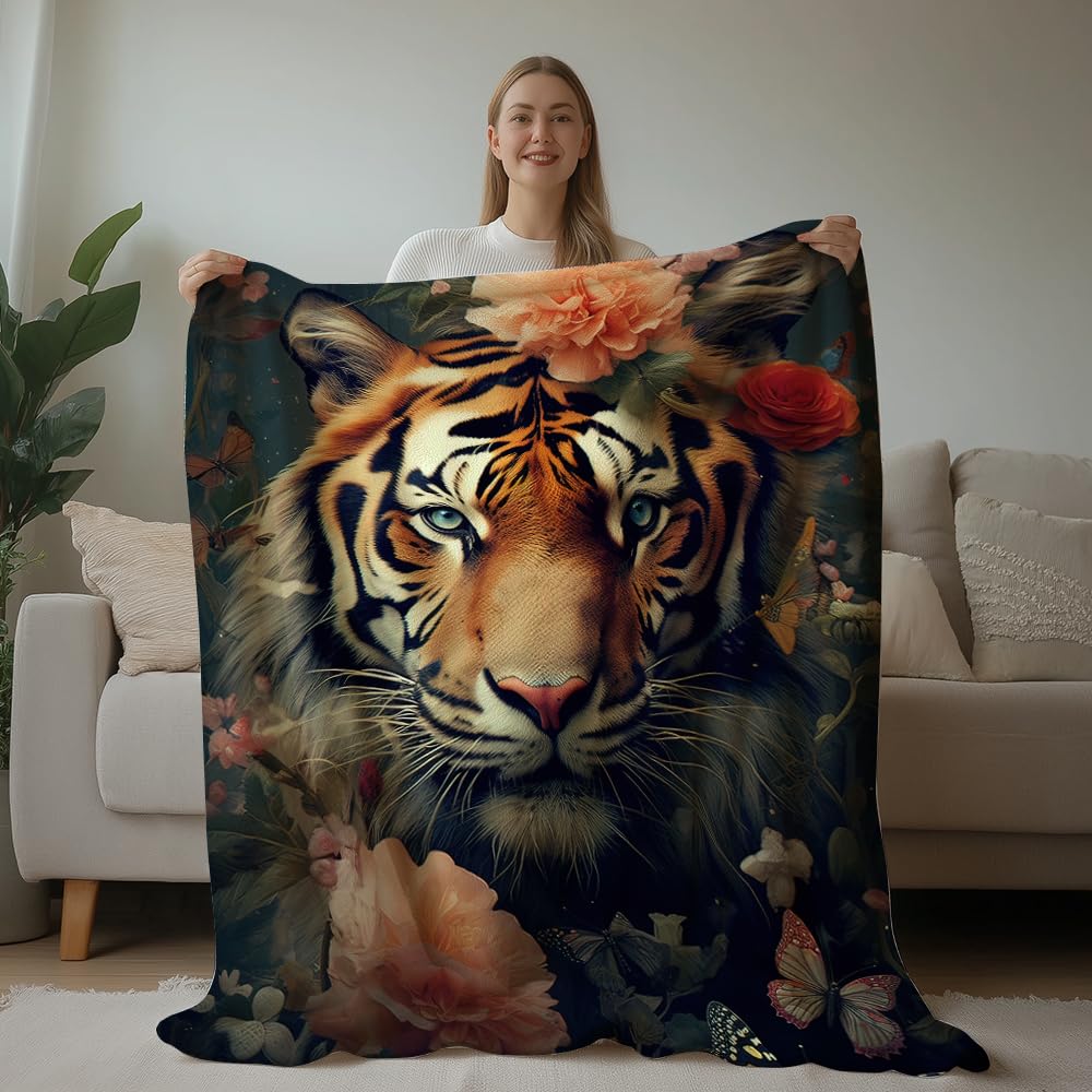 HUNXIAOJ Tiger Throw Blanket Tiger Gift for Kid Animal Print Blankets Queen Size Soft Warm Flannel for Sofa Bed (50 in x 60 in)