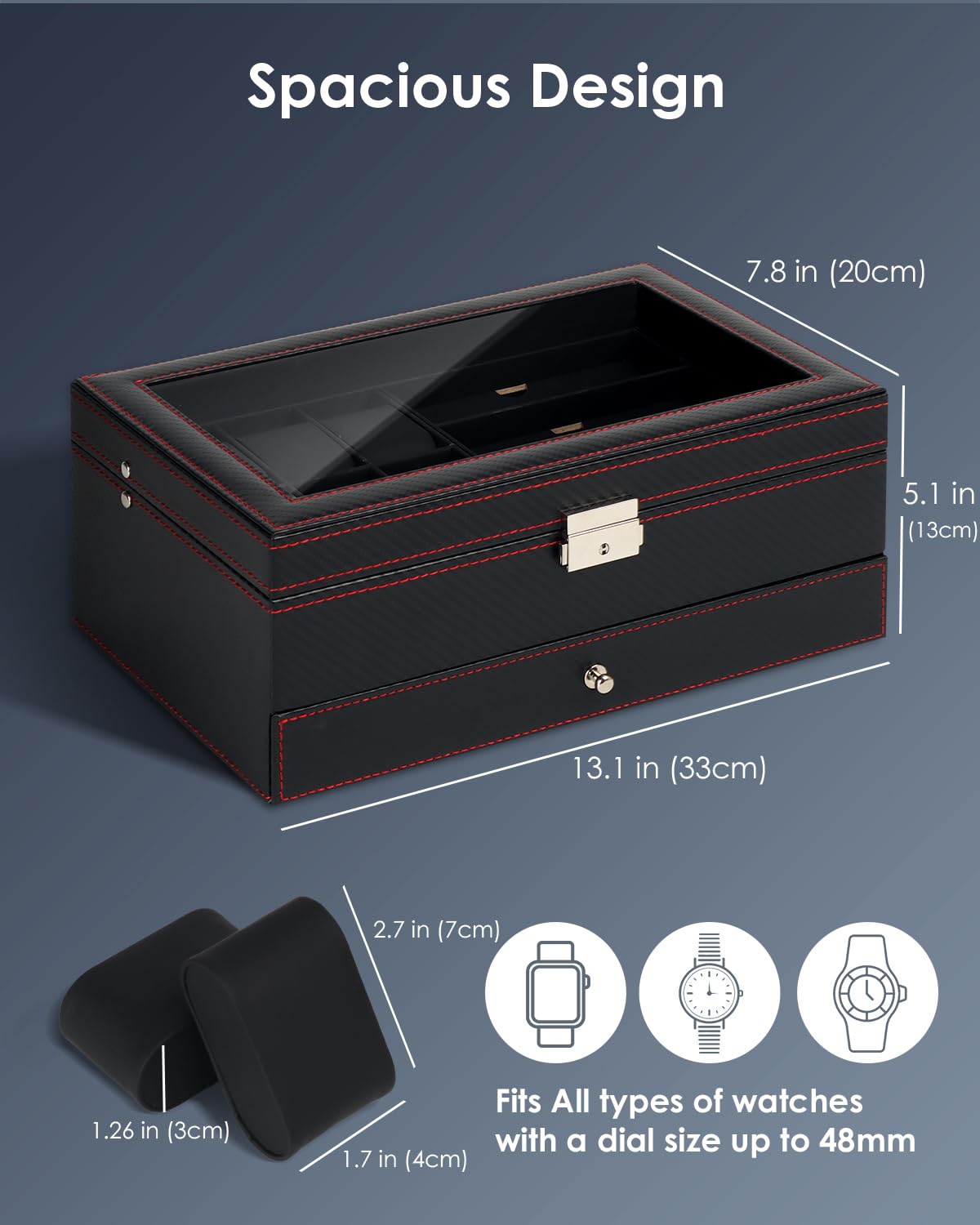 Kukikan Watch Jewelry Box Organizer, 6-Slot 2-Layer Watch Case and Sunglasses Storage with Large Glass Lid, Men's Jewelry Box with Lock, Watch Holder Display Case, Gift for Men Women