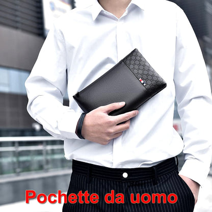 A-QMZL Clutch Bag Men's PU Leather Elegant Handbag Large Capacity Pochette Envelopes Handbags Card Slot Pockets Zipper Wallets Man with Strap Wrist Bag Business Casual Travel Office