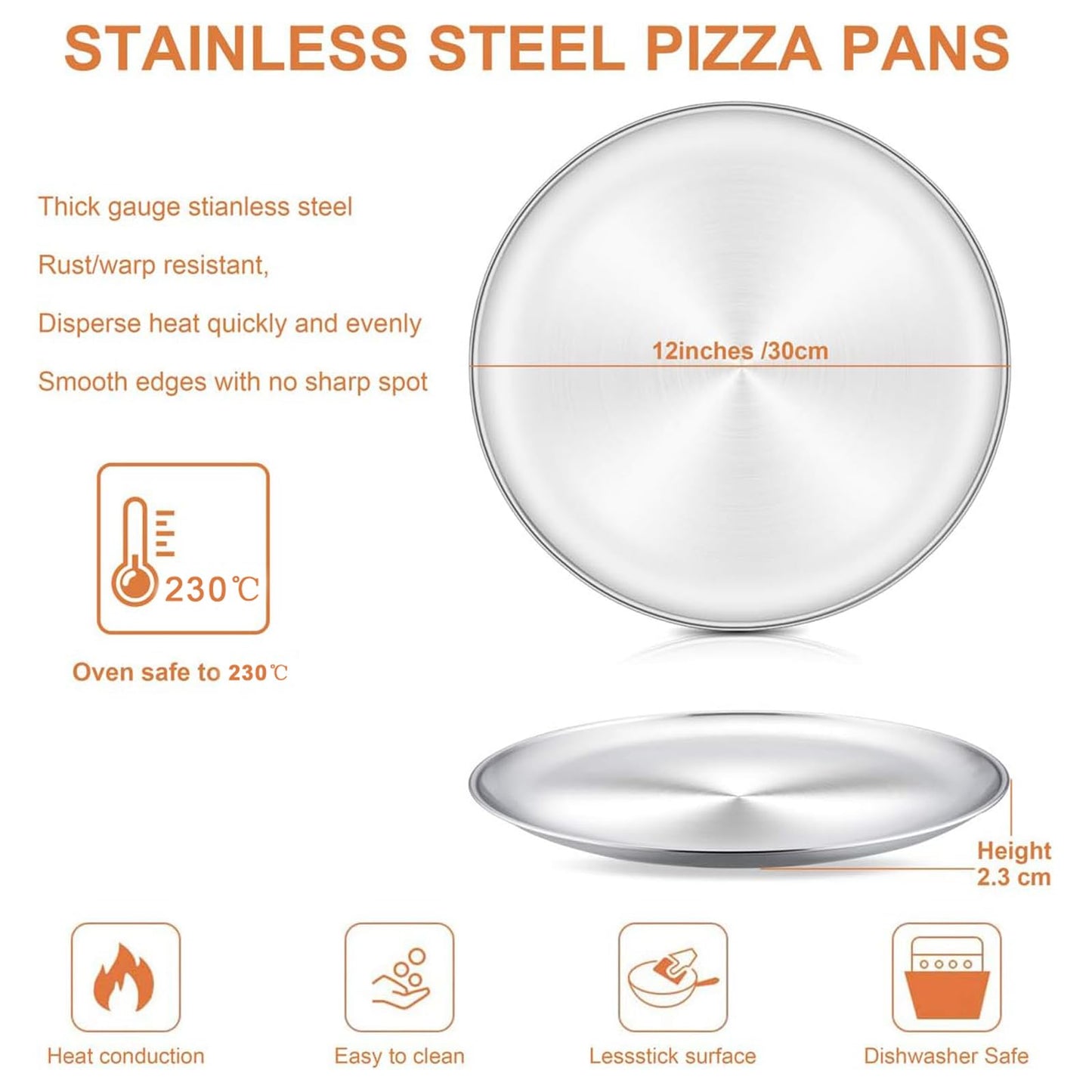 HaWare Pizza Baking Tray Set of 2, 12 inch Stainless Steel Pizza Pan Oven Tray, Round Baking Sheet, Less-Stick, Non Toxic & Healthy, Heavy Duty & Dishwasher Safe