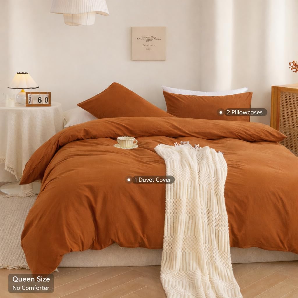 ECOCOTT Orange Duvet Cover Queen Size, 3 Piece 100% Washed Cotton 1 Duvet Cover with Zipper and 2 Pillowcases, Ultra Soft and Easy Care Breathable Cozy Bedding Set(Orange,Queen)