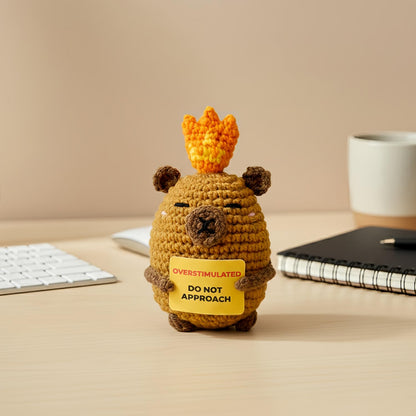 Overstimulated Do Not Approach Desk Sign, Handmade Crochet Capybara Plush with Card, Mini Desk Decor with Wooden Stand, Gift-Ready Organza Bag, Funny Office Cubicle & Home Office Gift