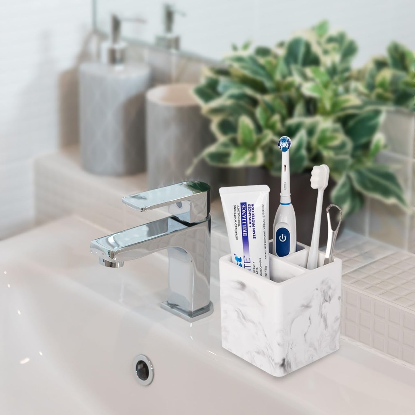 Diatomite Toothbrush Holders for Bathrooms, Electric Toothbrush and Toothpaste Holder Tooth Brush Organizer for Bathroom Countertop, Shower, Vanity - Marble White