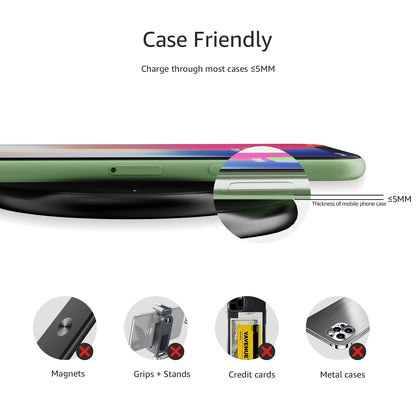 Amazon Basics 15W Qi Certified Fast Wireless Charging Pad with USB Cable for iPhone 15/14/13/12/11/X, Samsung and LG, Case Compatible, Black