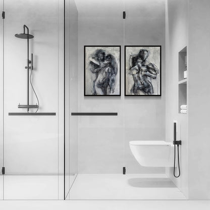 2Pcs Framed Black and White Bathroom Canvas Wall Art Abstract Nude Prints Couple Modern Gallery Style Painting Pen sketch Posters Decorations Bedroom Living Room Bathroom 12x16 Inch Ready to Hang