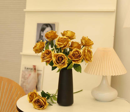 Laelfe 12 Pcs Christmas Gold Roses Artificial Flowers Long Stem Faux Silk Gold Flowers Fake Roses for Wedding Bridal Bouquet Home Party Hotel Garden Decorations