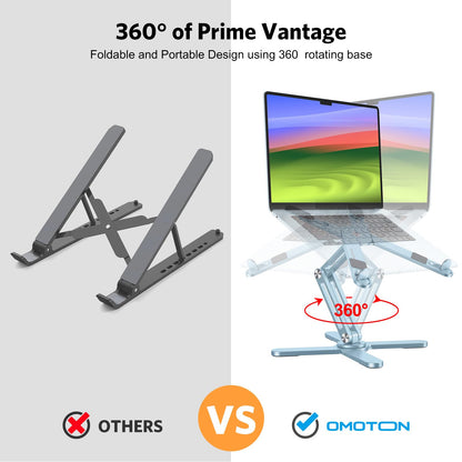 OMOTON 360° Rotating Laptop Stand Riser for Desk, Ergonomic Foldable Computer Stand Adjustable Height Angles for Collaborative Work, Easy Storage Fit Macbooks,All Laptops up to 16 inches, Silver