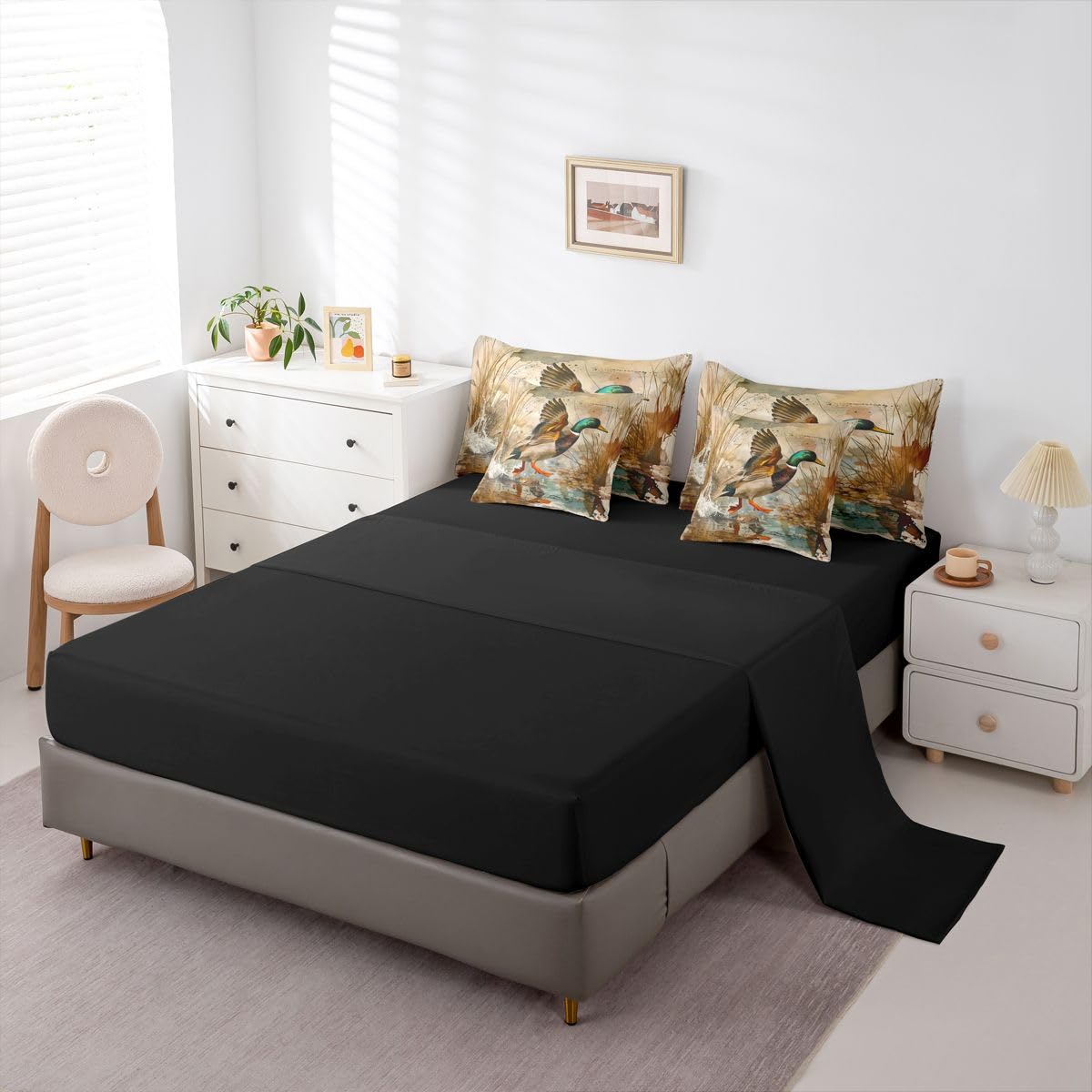 Erosebridal Wild Ducks 7 Piece Bedding Set Queen Mallards Comforter Set with Sheets Reeds Water Splashes Watercolors Bed in a Bag Hunt Cobblestone Spots Grey for Teens Men Women