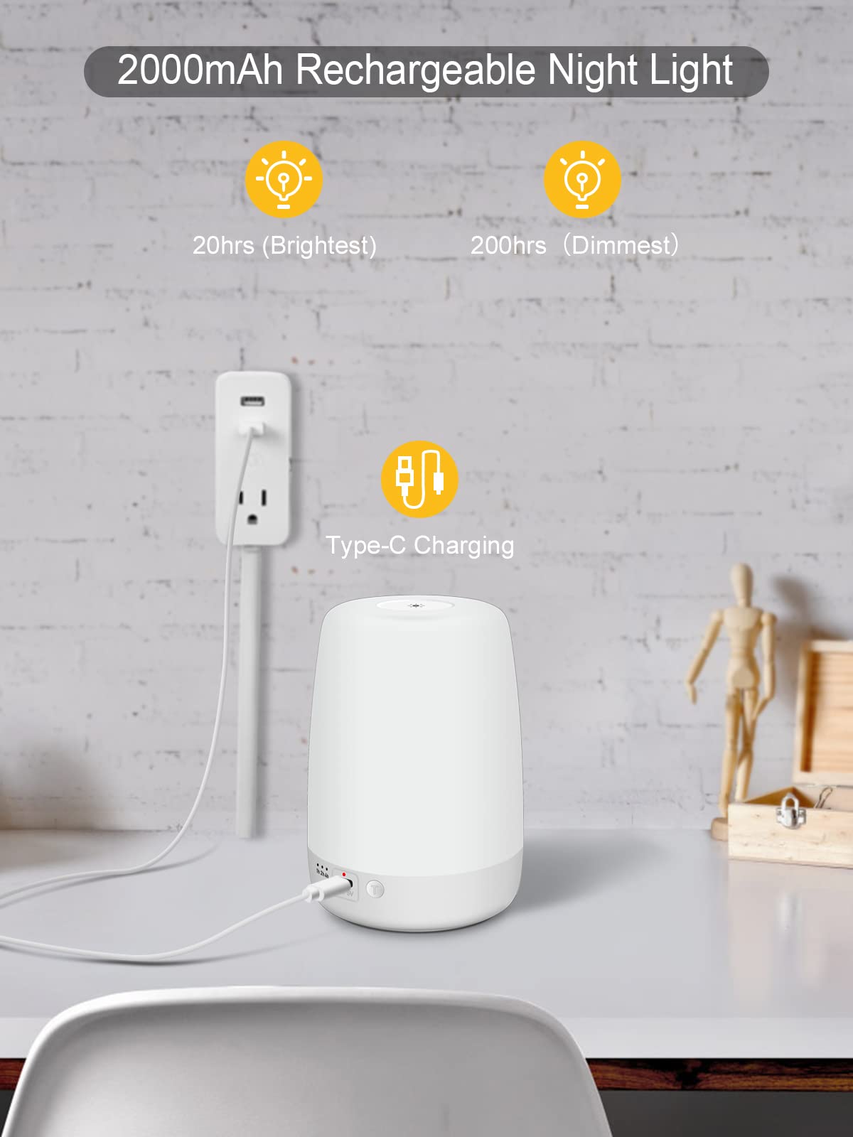 YYDSKIT Night Light for Kids & Nursery - Rechargeable Touch Lamp, Portable Nursing Lamp with Soft & Warm Light for Newborn, 3 Timers, Up to 200H