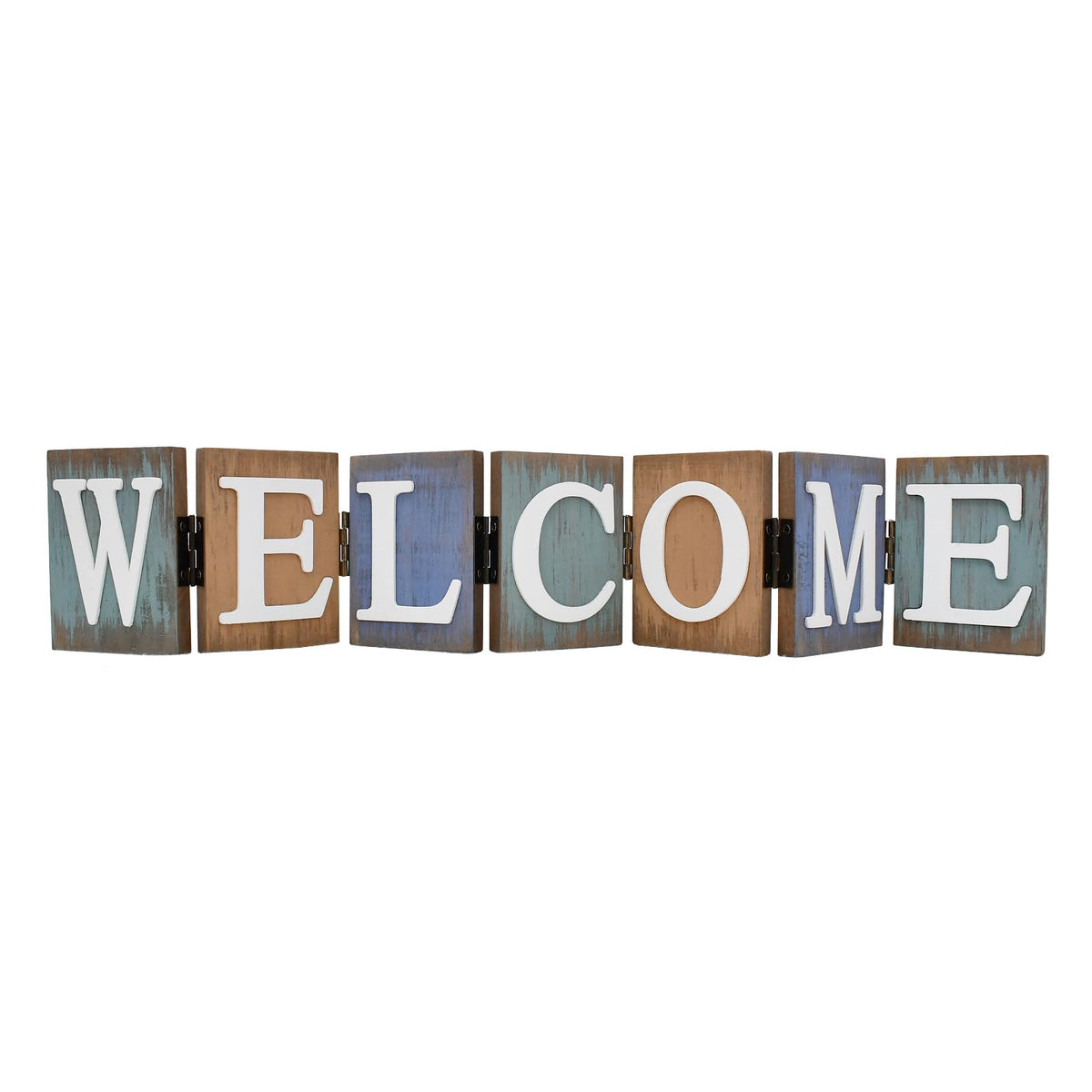 Rustic Wood Welcome Sign Cutout, Teal Wooden Tabletop Folding Decorative Word Sign, Freestanding Hinged Block Letters Home Decor