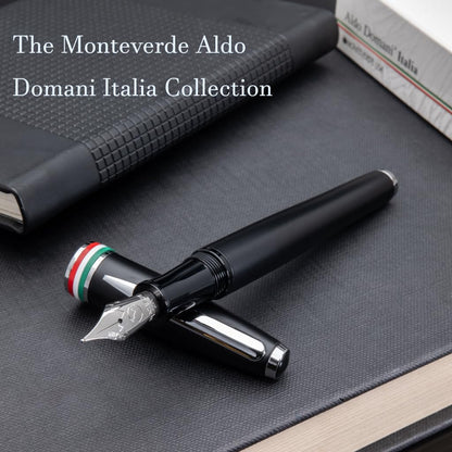 Monteverde USA Aldo Domani Italia Fountain Pen Matte Black – Fine Nib – Free Ink Bottle, Converter & Cartridges – German JoWo Nib – Gift-Boxed Luxury Pen